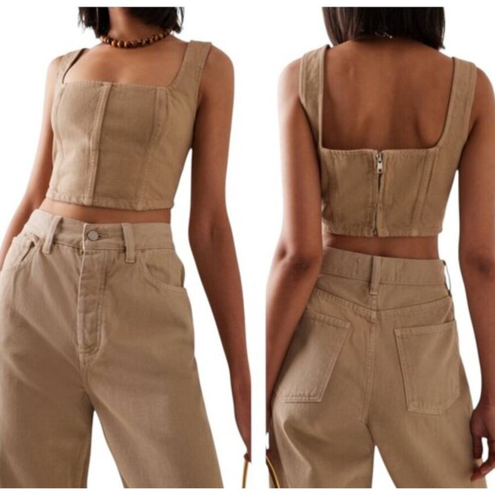 Mara Hoffman Crop Tank Size 8 Large Tan Denim Top Organic Cotton Tailored Luxe